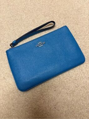 Coach Bright Blue Leather Wristlet with Silver Logo
